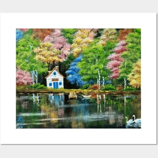 Autumn forest and lake house Posters and Art